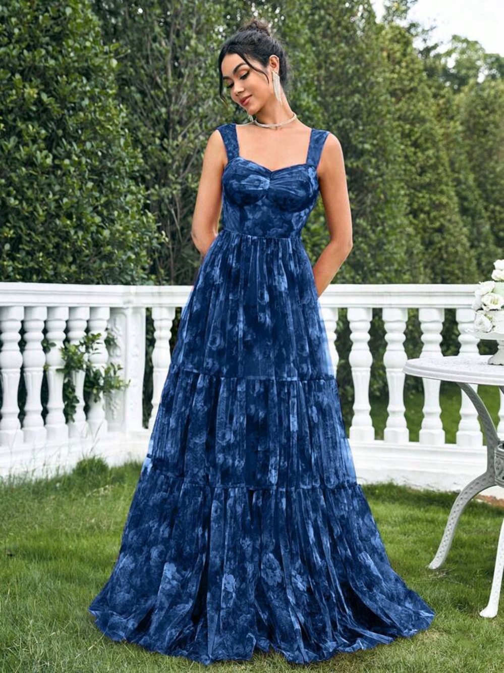 Belle Blue Floral Tiered Mesh Maxi Dress Navy Tie Dye Wedding Guest Medium